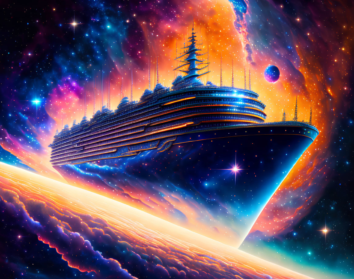 Spaceship resembling sailing ship in vibrant cosmic backdrop with stars, nebulas, and planet