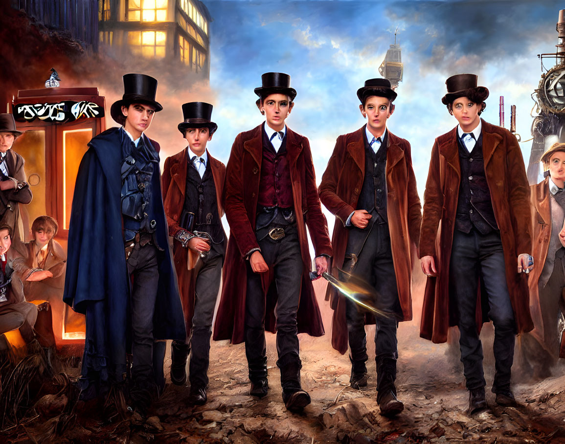 Five individuals in Victorian attire with police box and mix of historical elements