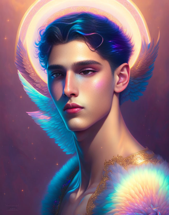 Digital portrait of person with angelic features, blue wings, halo, warm colors, and face highlights