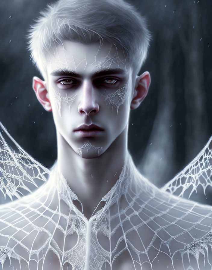 Illustration of person with pale skin & silver hair, spider web-like patterns, against dark misty