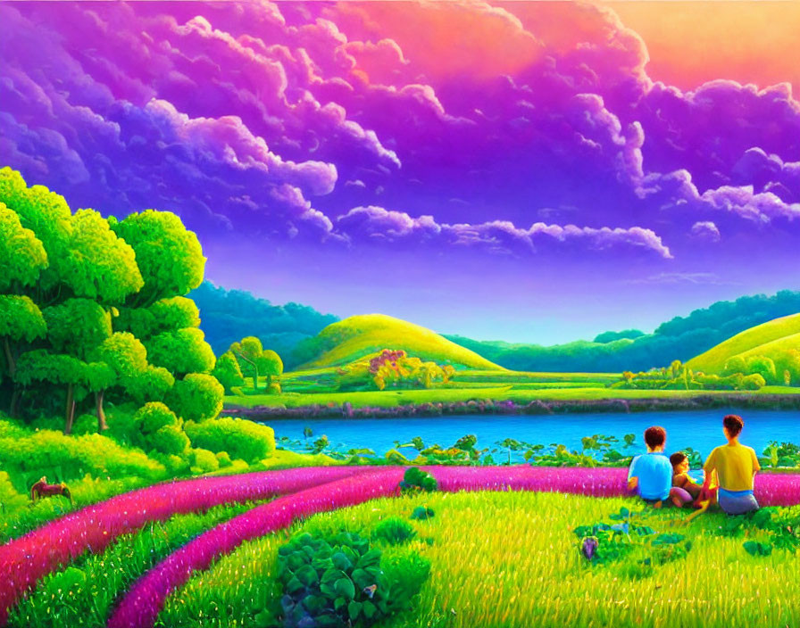 Scenic landscape with two people by vibrant pathway