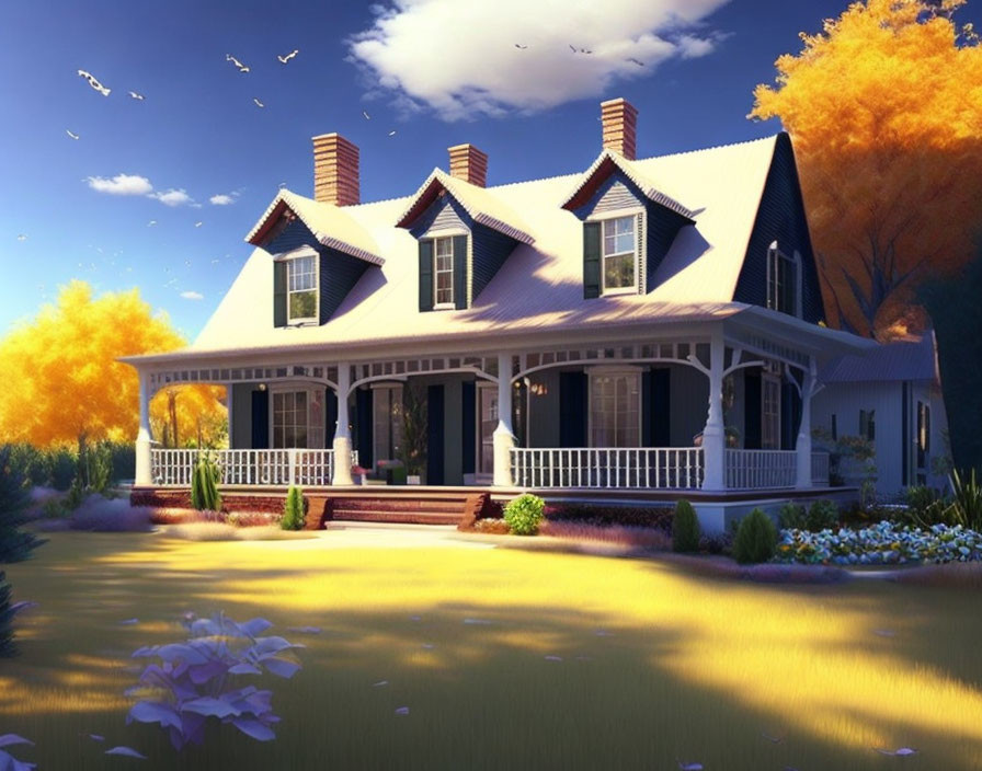 Tranquil autumn scene: Two-story house with porch, surrounded by trees, under clear sky with