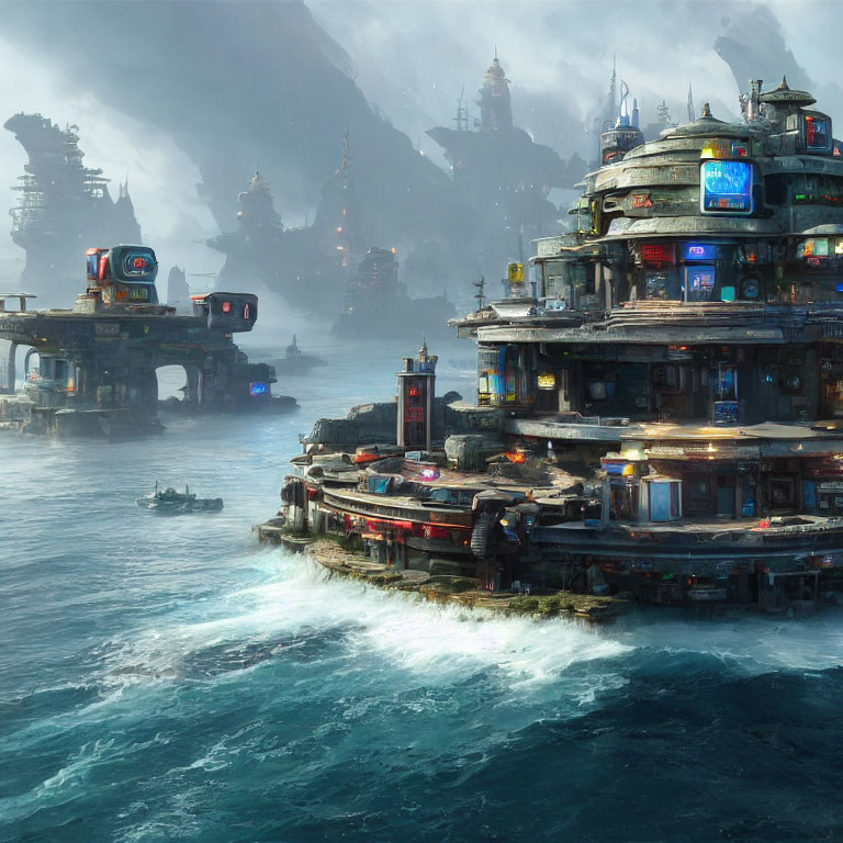 Futuristic marine city with circular buildings, boats on misty waters