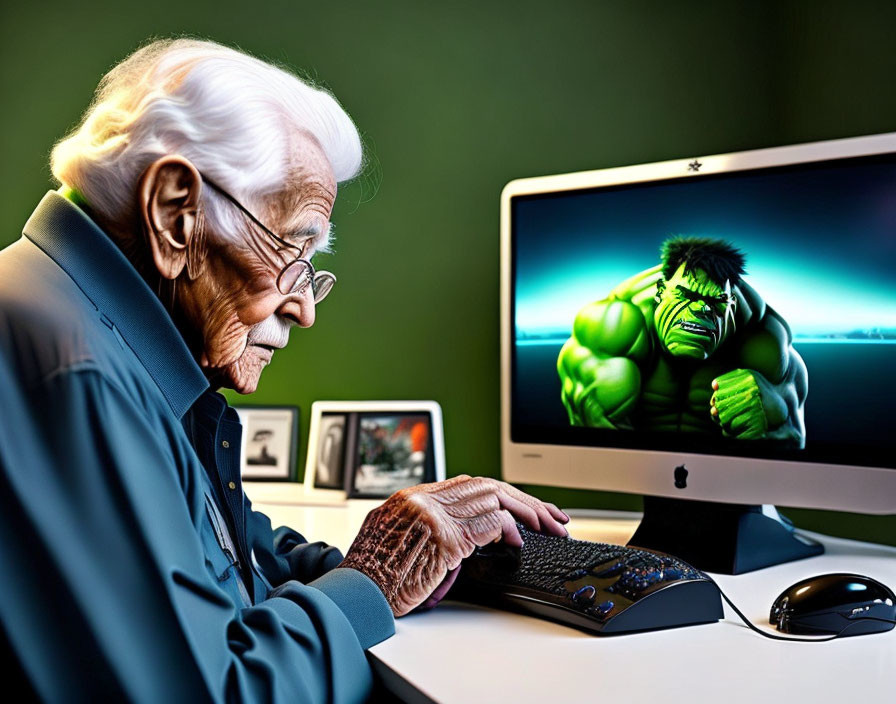 Elderly person with glasses using computer displaying Hulk image in green-lit room