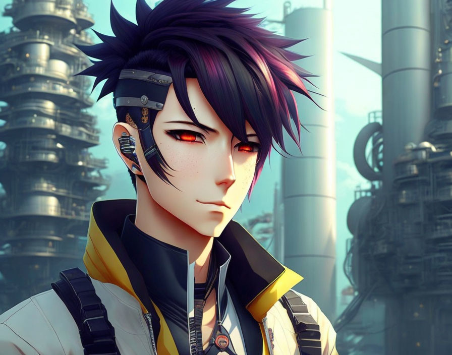 Character with Purple Hair and Cybernetic Ear in Futuristic Cityscape