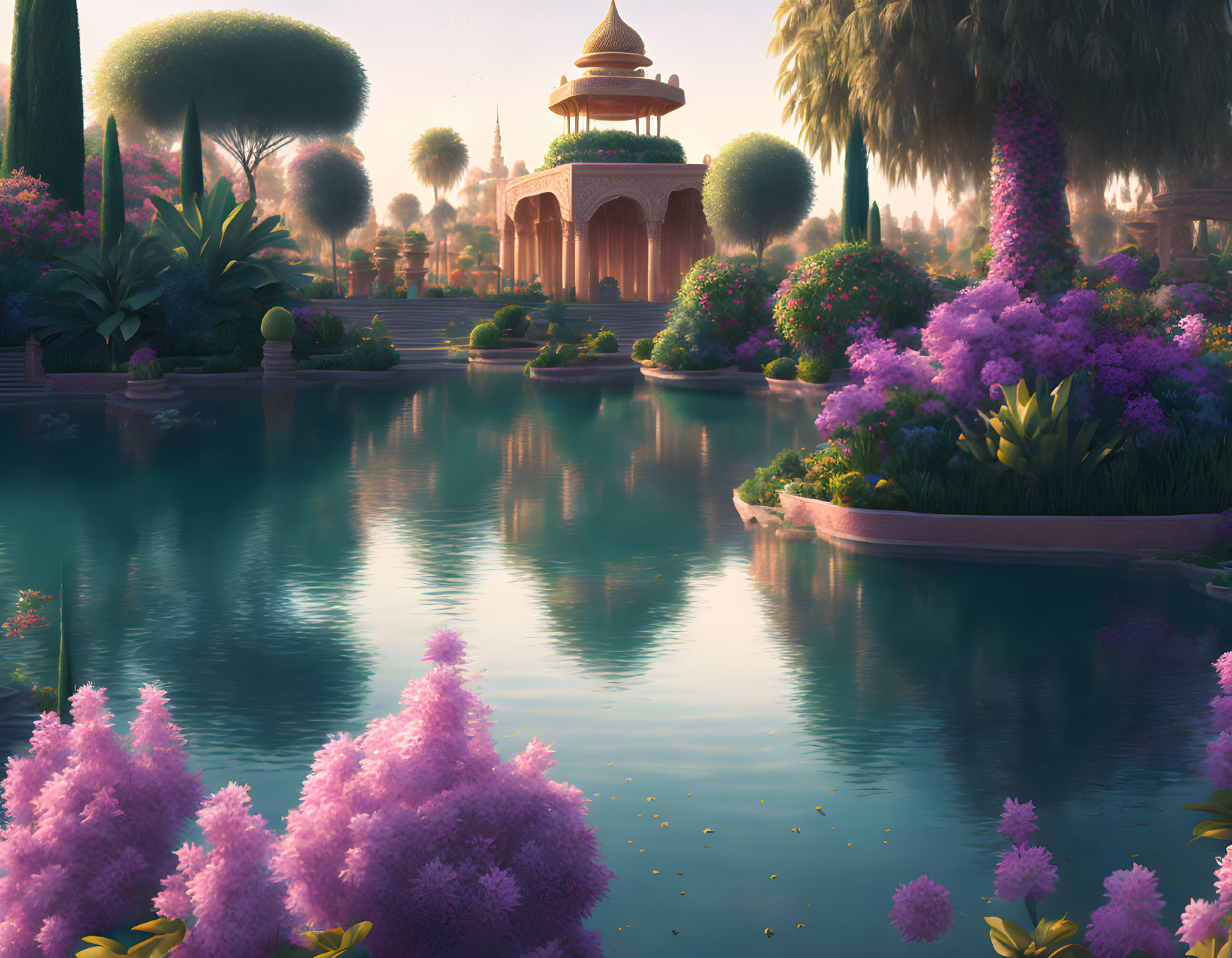 Serene garden with pink florals, pond, greenery, and domed pavilion at dawn