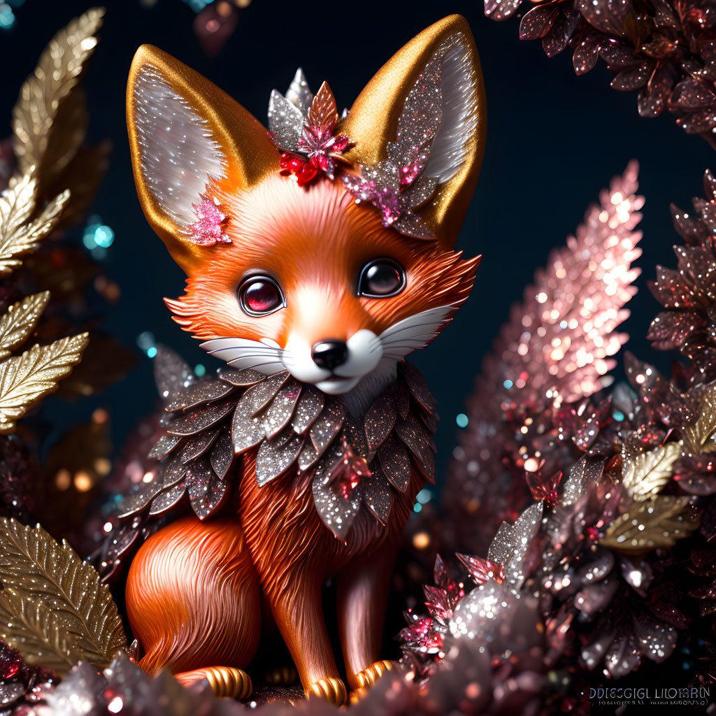 Illustration of red fox with autumn leaves and berries on dark backdrop