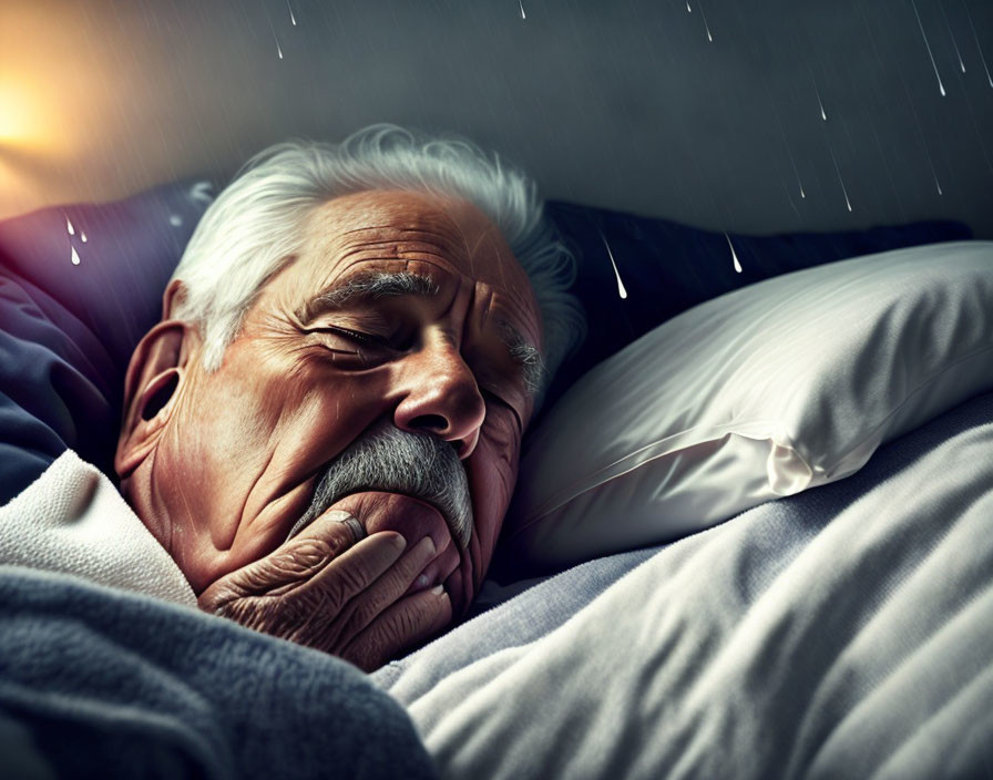 Elderly Man Sleeping Peacefully During Rainy Day