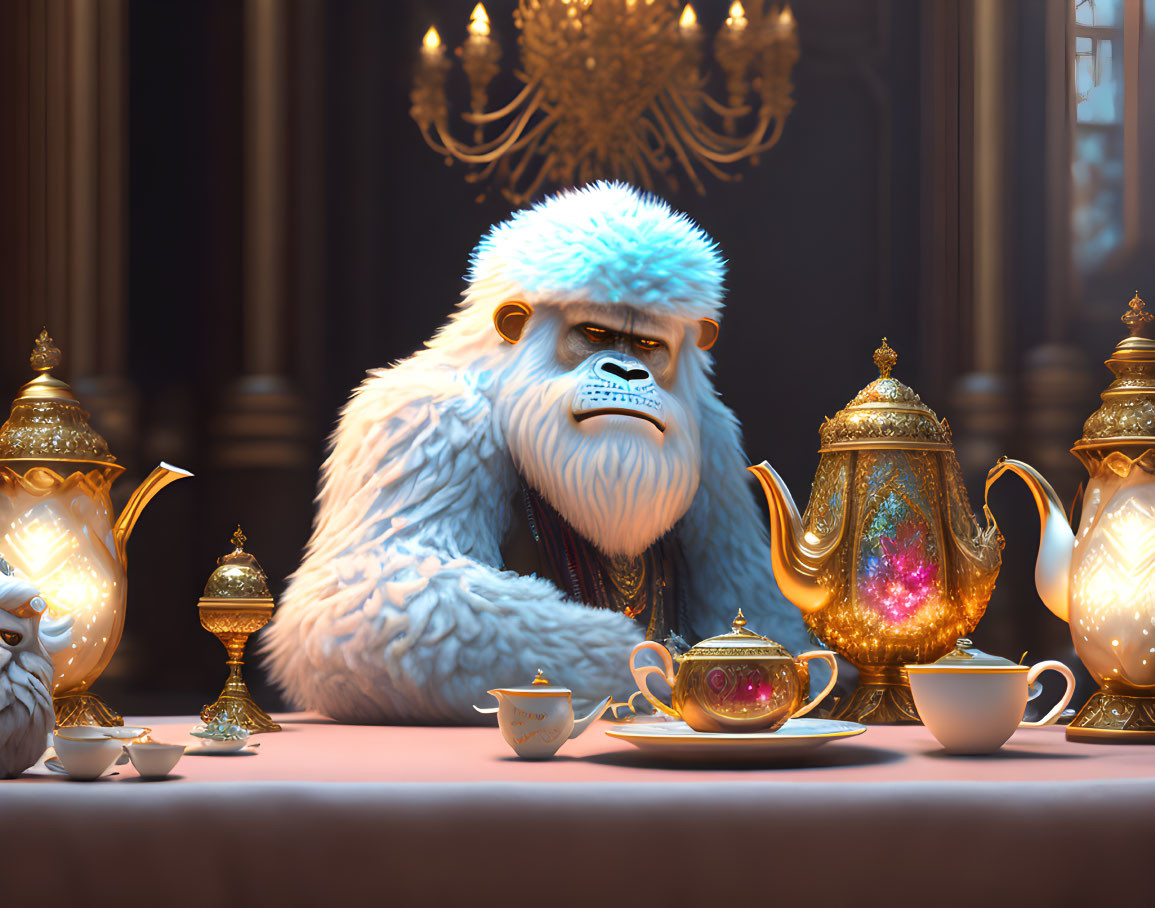 Regal gorilla at luxurious tea party setting with golden teapots and chandelier
