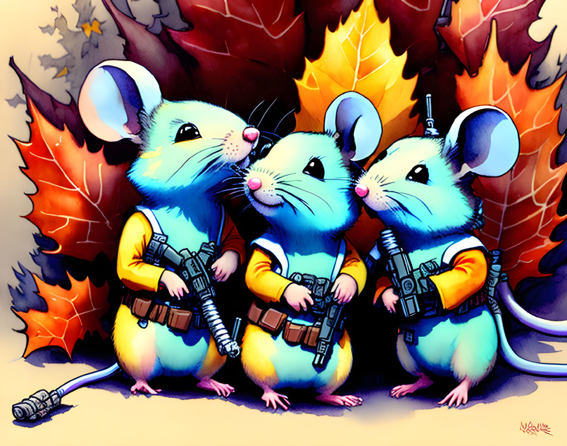 Cartoon mice space adventurers with blasters in autumn setting