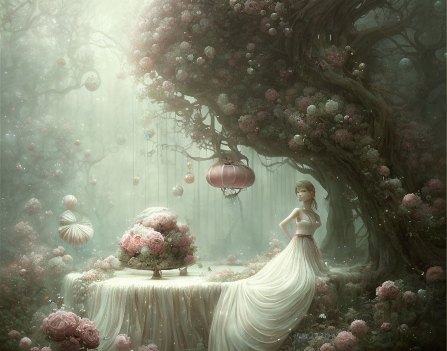 Woman in flowing dress near flowered table under tree with lanterns in misty forest