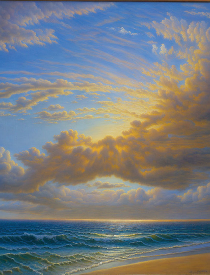 Vibrant sunset painting with golden rays over ocean