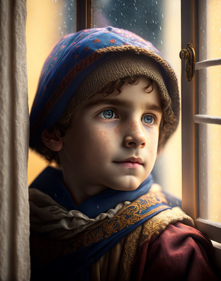 Child in Blue Cap and Cloak Gazes Out Window During Snowfall