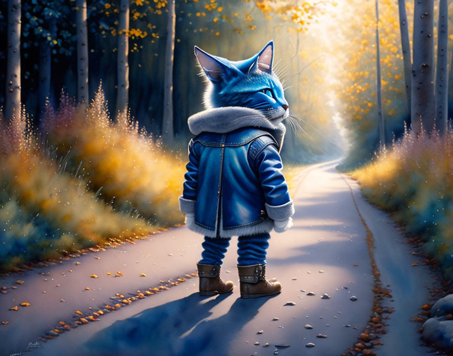 Anthropomorphic cat in leather jacket and boots on autumn forest path