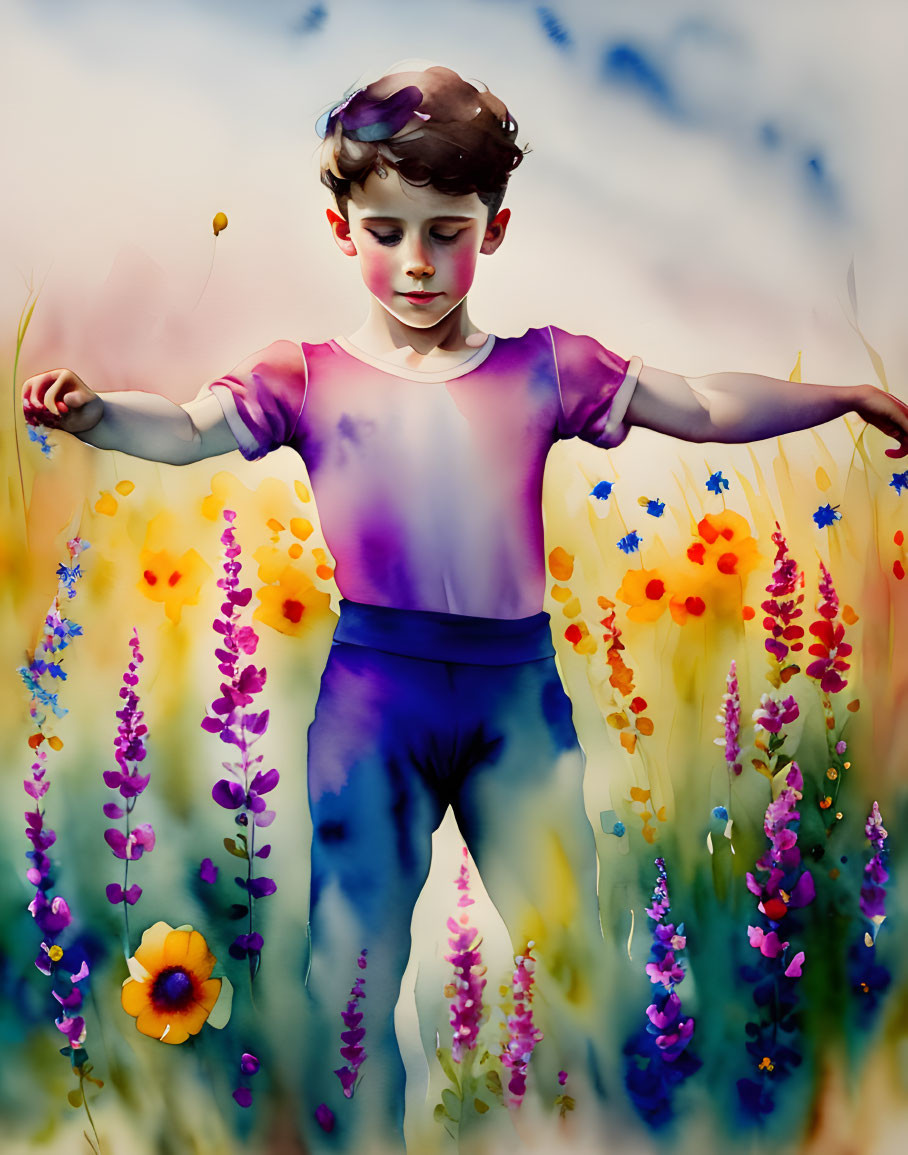 Child balancing in colorful wildflowers with closed eyes