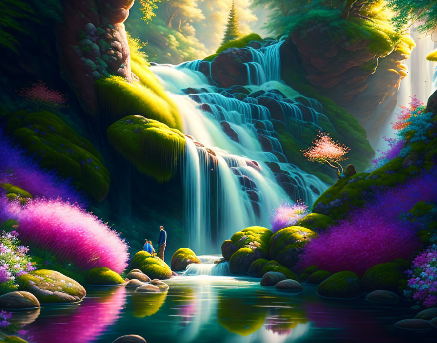 Tranquil forest scene with waterfall and pond in vibrant colors