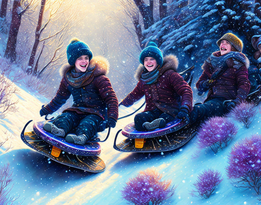 Four people sledding on purple-tinted snow surrounded by winter landscape