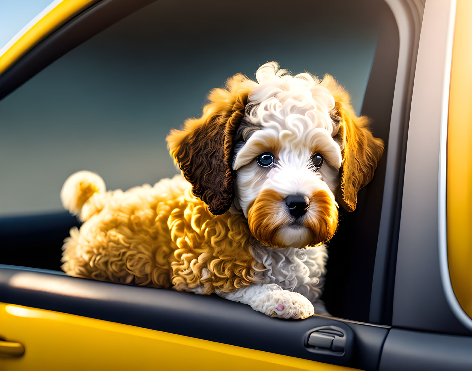 Brown and White Puppy in Yellow Car at Sunset