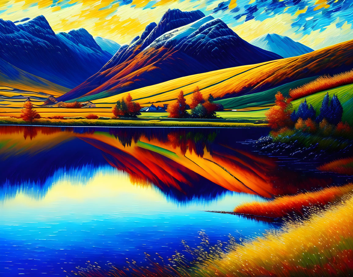 Colorful Mountain Landscape with Autumn Trees and Lake Reflections