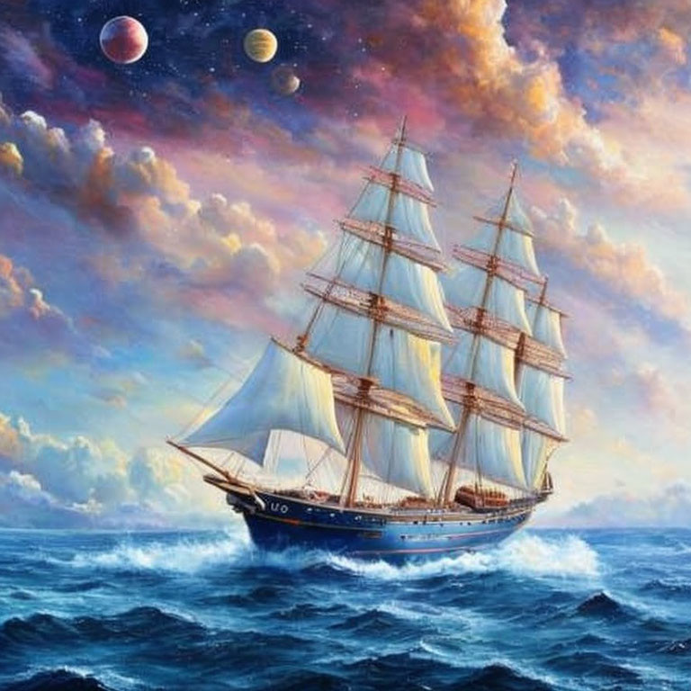 Sailing ship with white sails on turbulent seas under sunset sky