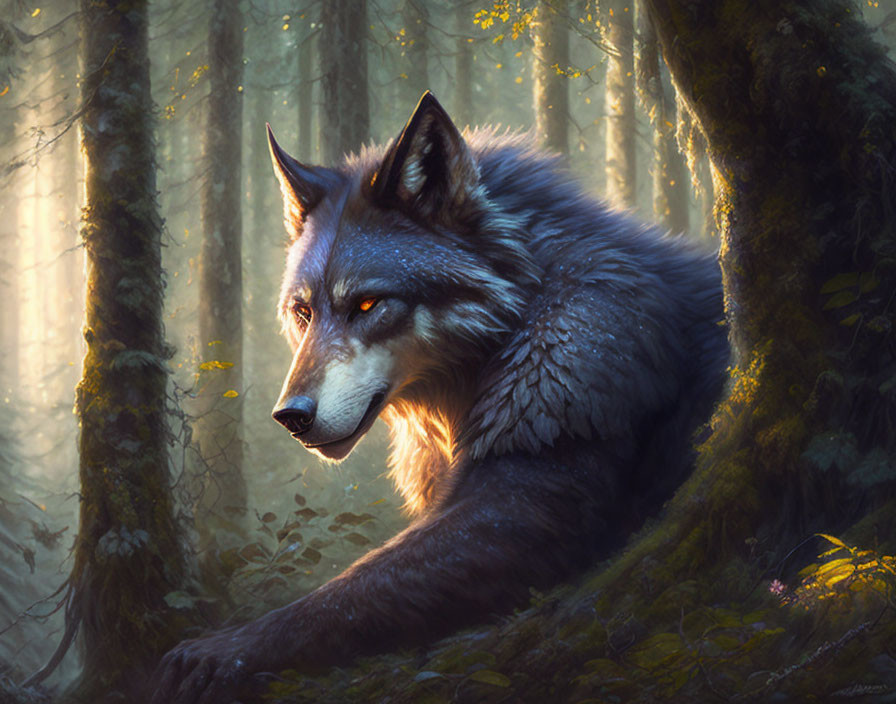 Majestic wolf in sunlit forest with intense gaze and thick fur
