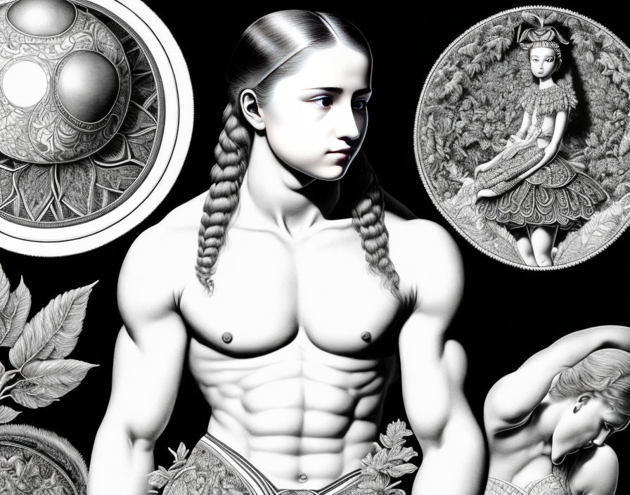 Monochrome artwork featuring muscular woman with braids and decorative elements
