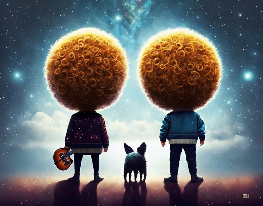 Animated characters with oversized tree-like hair under starry sky with dog and guitar