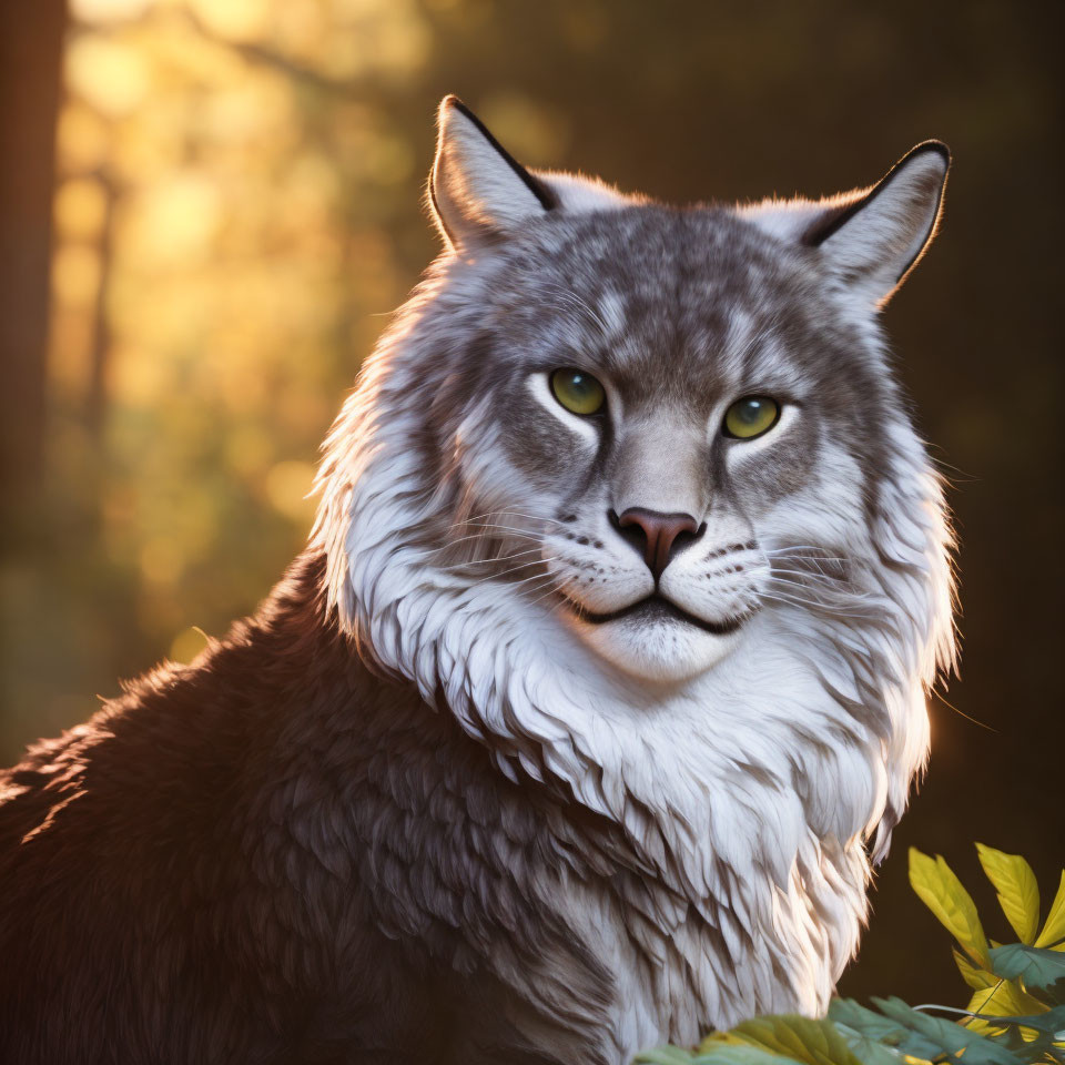 Majestic large feline with thick mane in sunlit forest