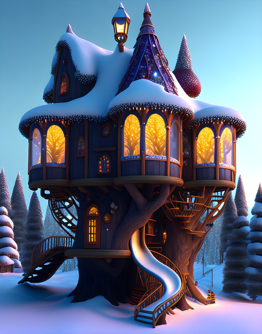 Enchanting Snow-Covered Forest Treehouse at Twilight