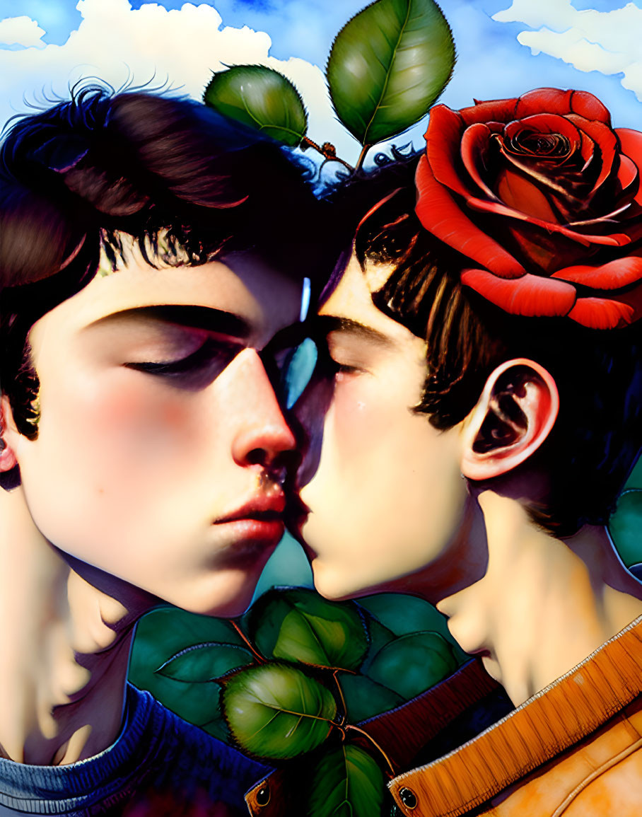 Illustrated male figures touching noses surrounded by leaves and a red rose