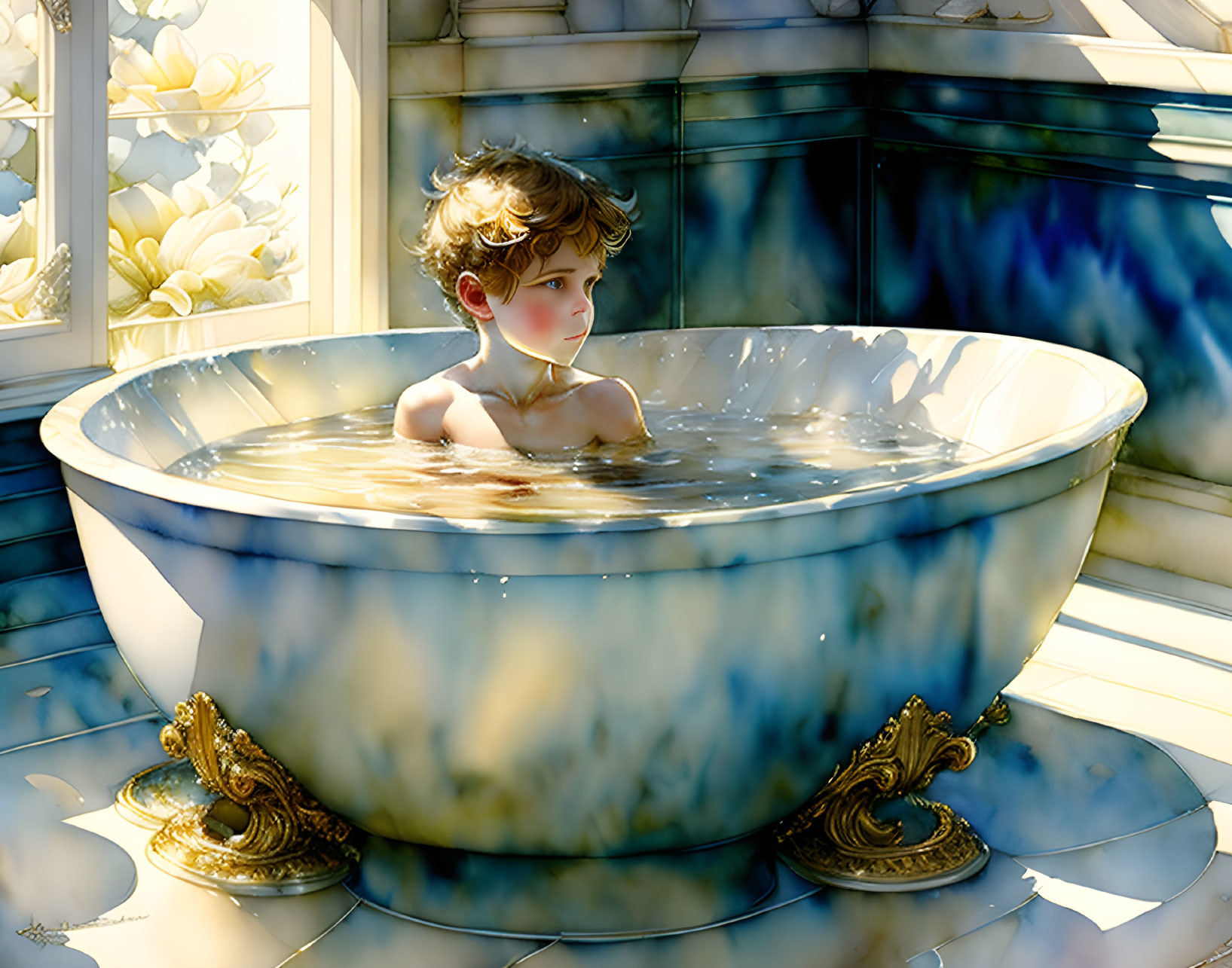 Child in Vintage Bathtub with Gold Feet in Sunlit Room