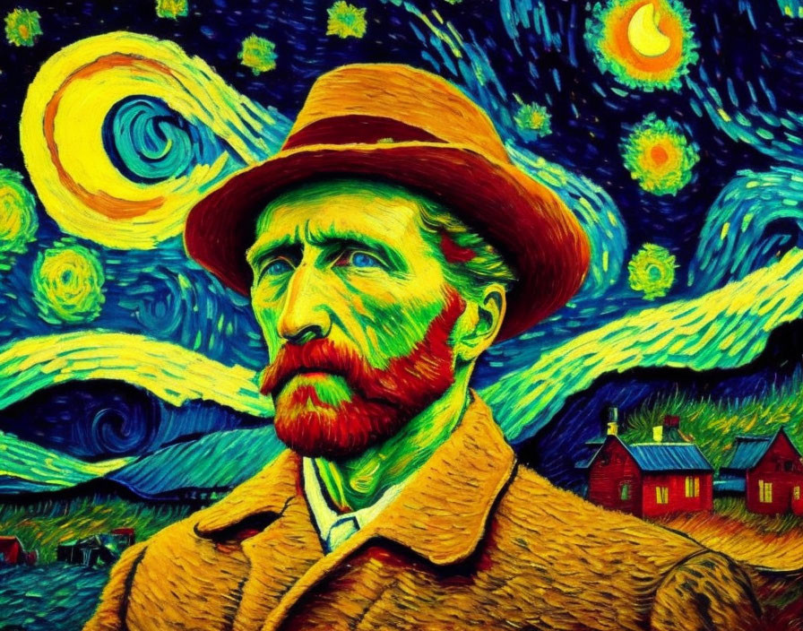 Vibrant artwork inspired by Vincent van Gogh with swirling night sky patterns and bold colors