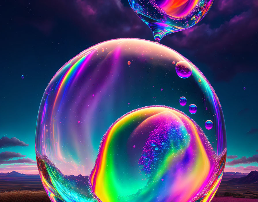 Iridescent bubbles in colorful sky over twilight landscape