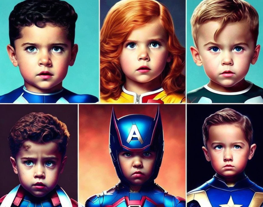 Children in colorful superhero costumes with expressive faces.