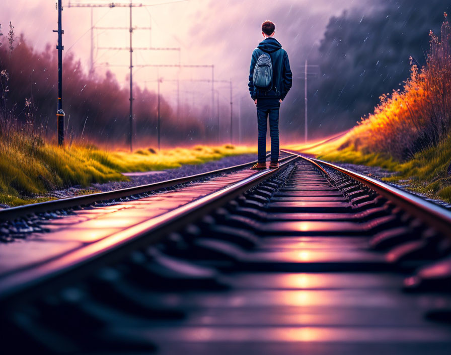 Person with backpack standing on wet railroad tracks under dramatic twilight sky
