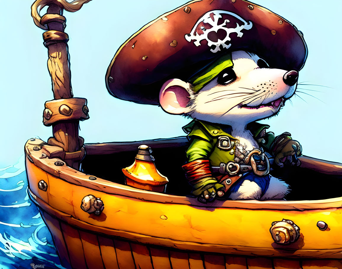 Anthropomorphic mouse pirate steering boat on blue water
