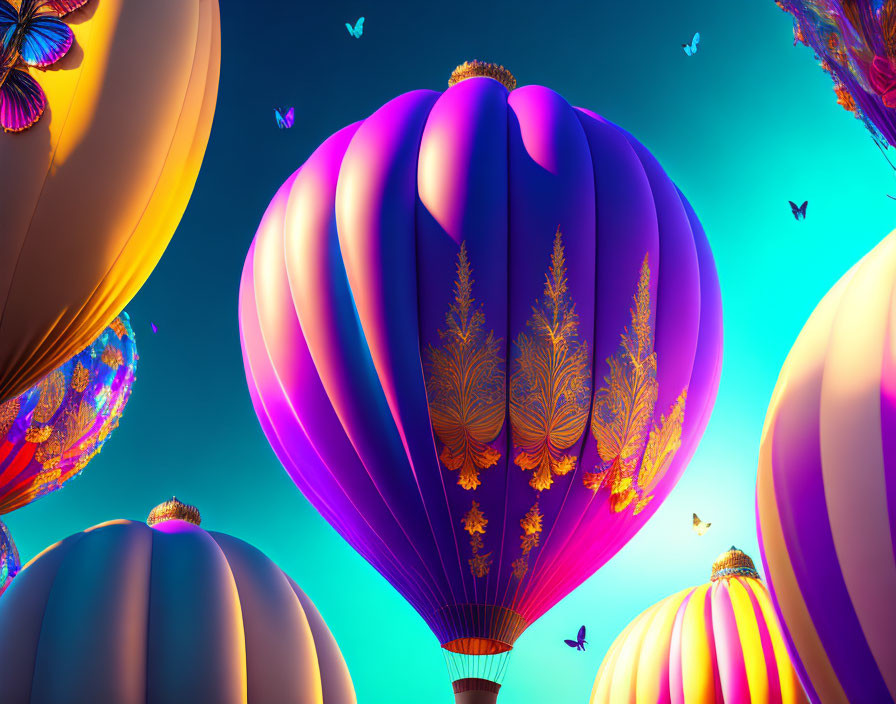 Colorful hot air balloons and butterflies in serene sky