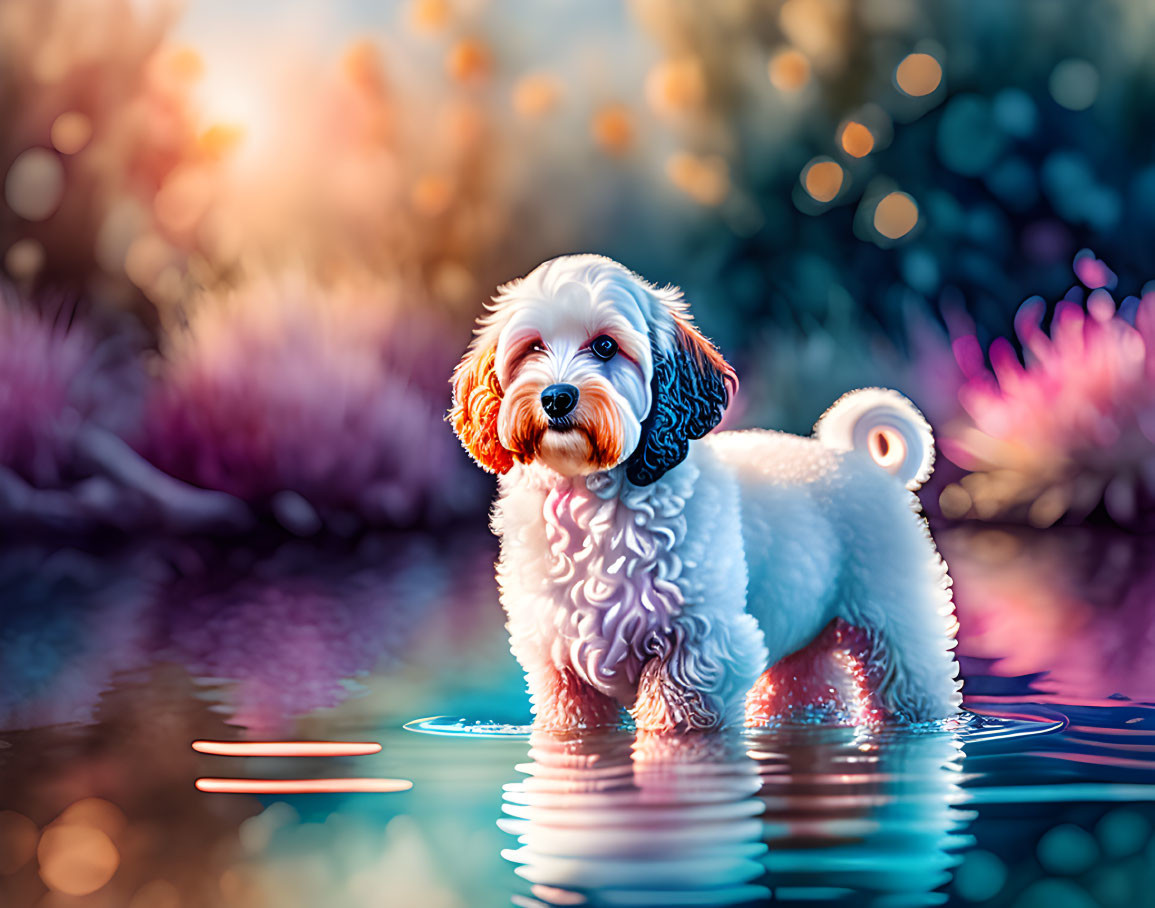 Curly-Haired Dog in Shallow Water Surrounded by Colorful Foliage