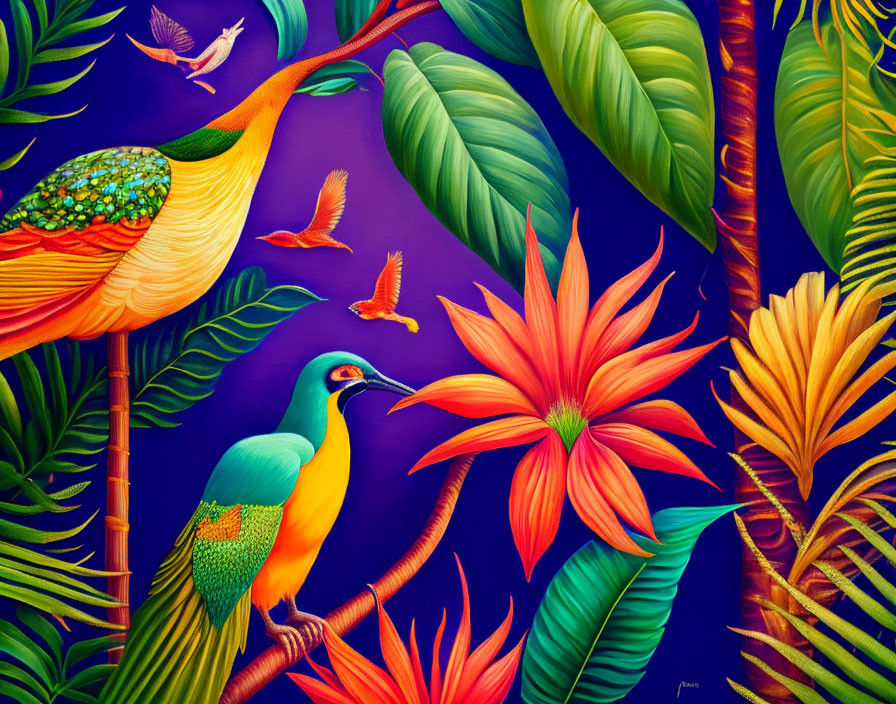 Colorful illustration of peacocks and tropical birds in lush foliage on purple background