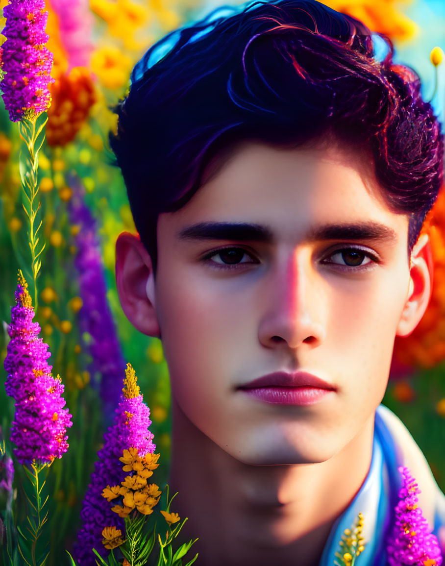 Curly-Haired Young Man Surrounded by Vibrant Flowers and Sunlight