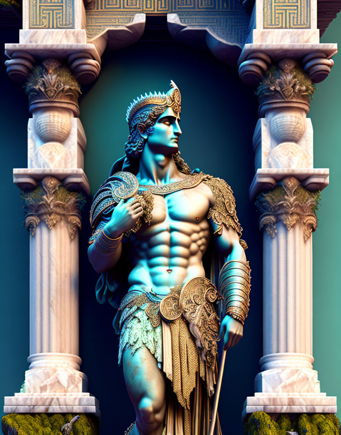 Muscular male figure in Greek armor under blue lighting