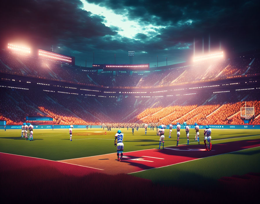 Evening football game in packed stadium under bright lights & vivid sunset sky