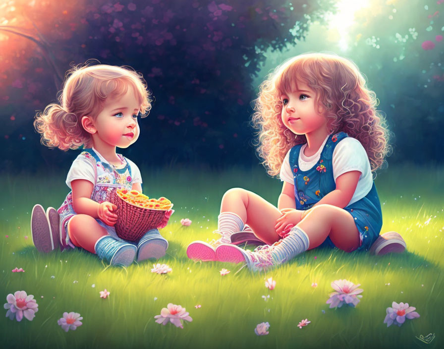 Animated young girls in sunlit meadow with flowers and basket sharing peaceful moment