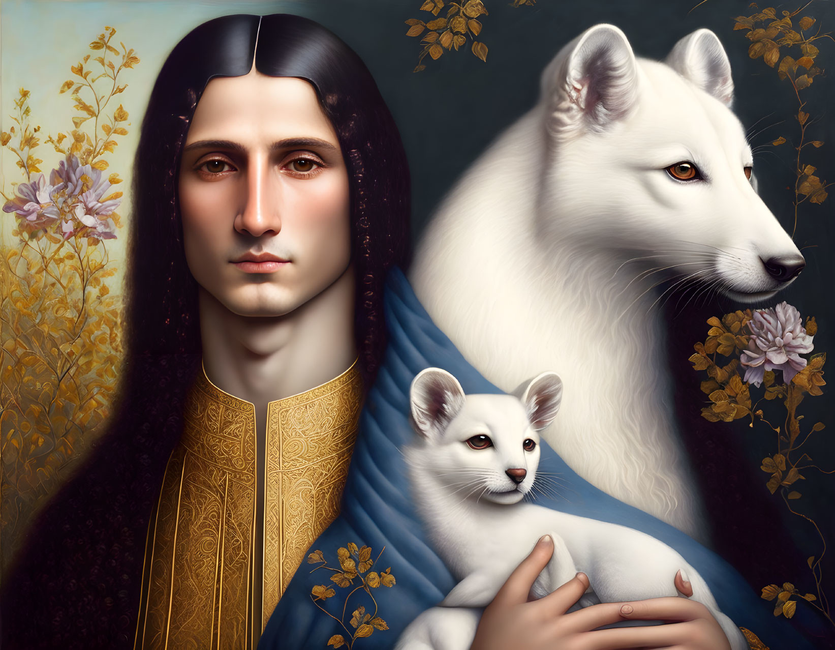 Detailed painting: Person with long dark hair in blue robe holding white feline, next to white wolf