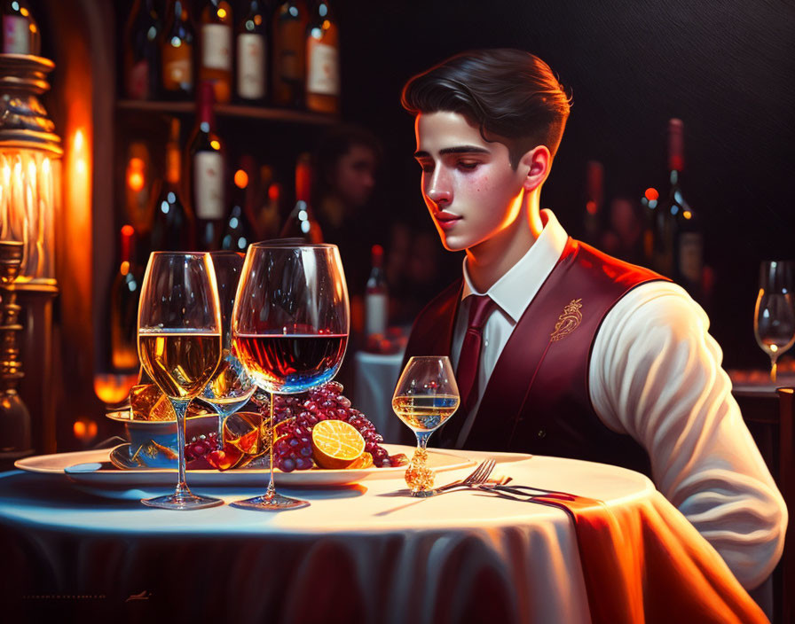 Young waiter in red vest with wine glasses and grapes on table