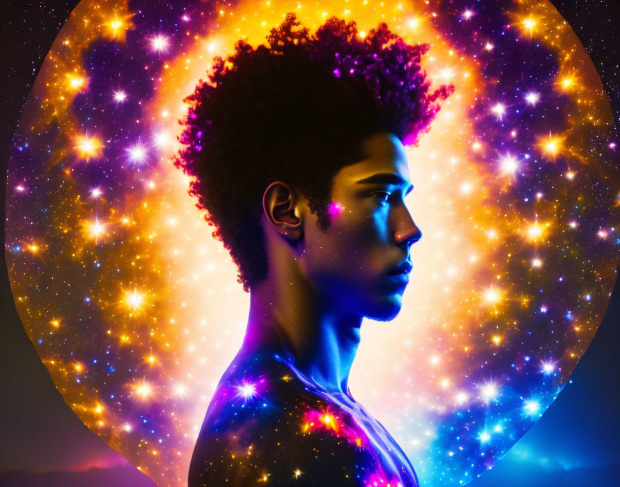 Person with Afro Silhouette on Vibrant Cosmic Background
