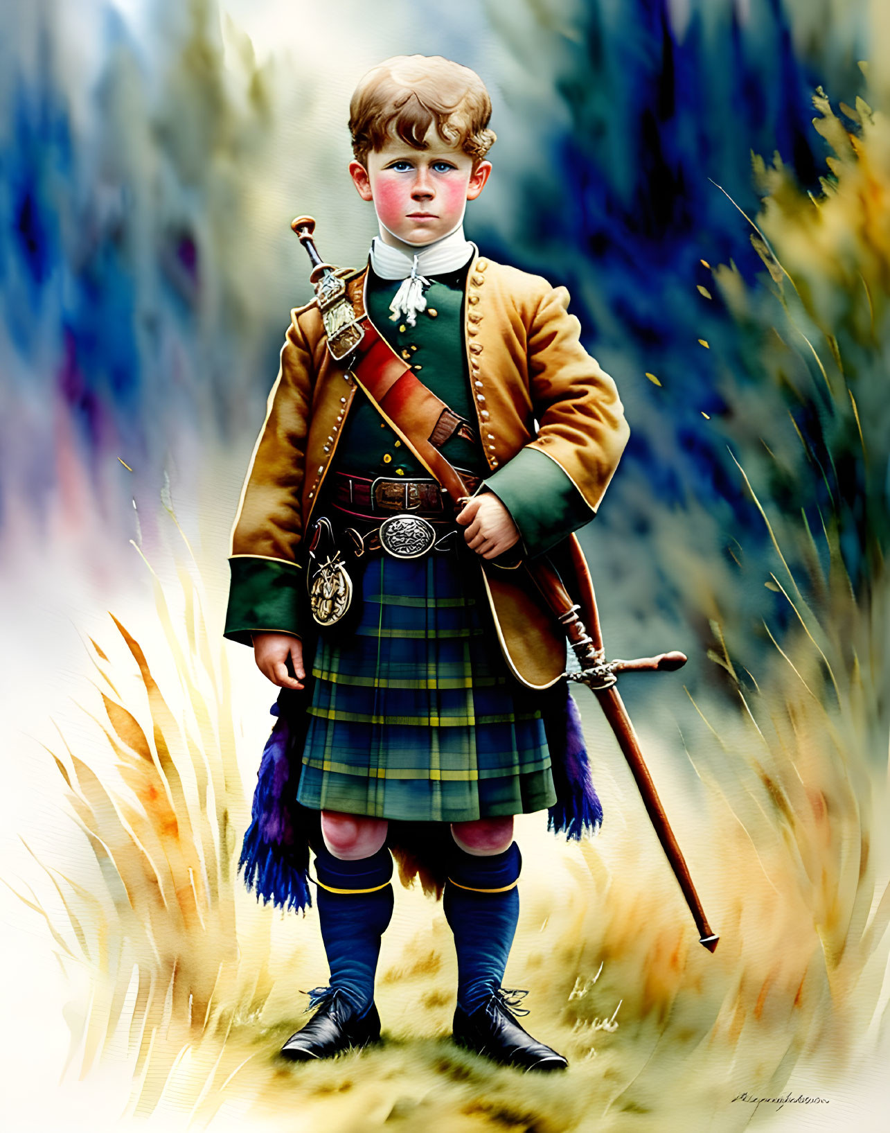 Young boy in traditional Scottish attire with kilt, sporran, and walking stick in grassy field
