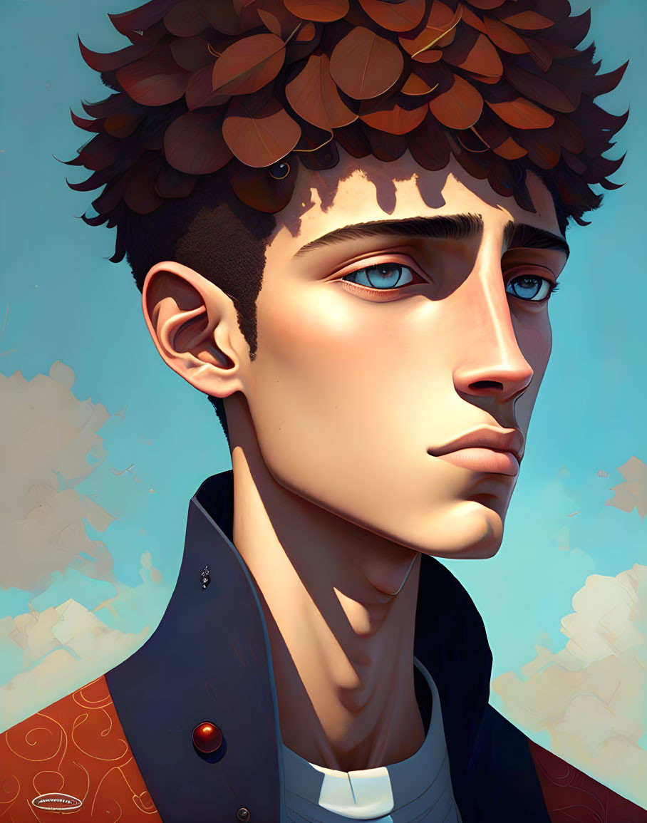 Stylized digital artwork of young man with blue eyes, curly hair, blue coat, orange details