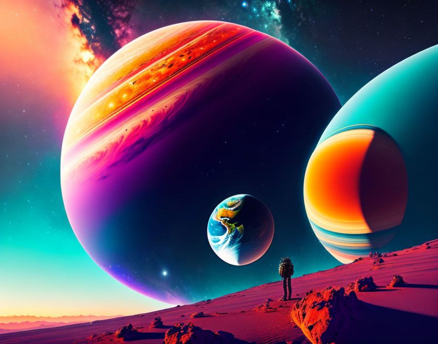 Colorful sci-fi landscape with Earth, tree, oversized planets in purple and orange sky