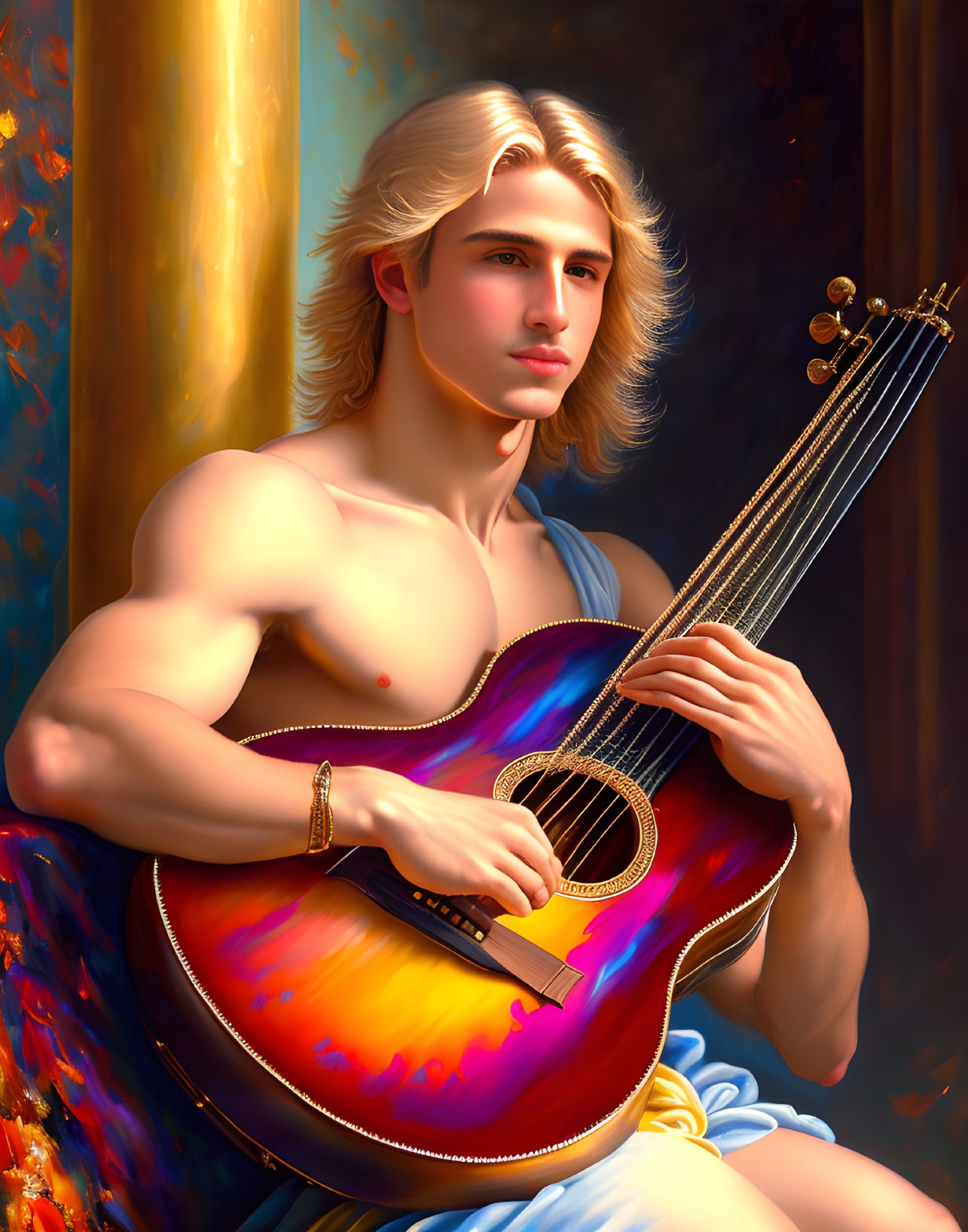 Muscular Blond Man with Colorful Guitar in Blue Cloth Setting